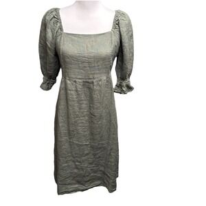 Valentina Naldi Dress Medium 100% Linen Green Peasant Puff Sleeve Milkmaid Italy